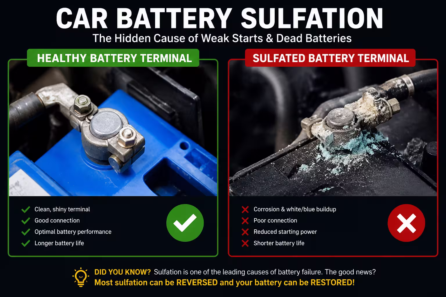 Healthy vs sulfated car battery terminal comparison — common cause of battery failure across the United States