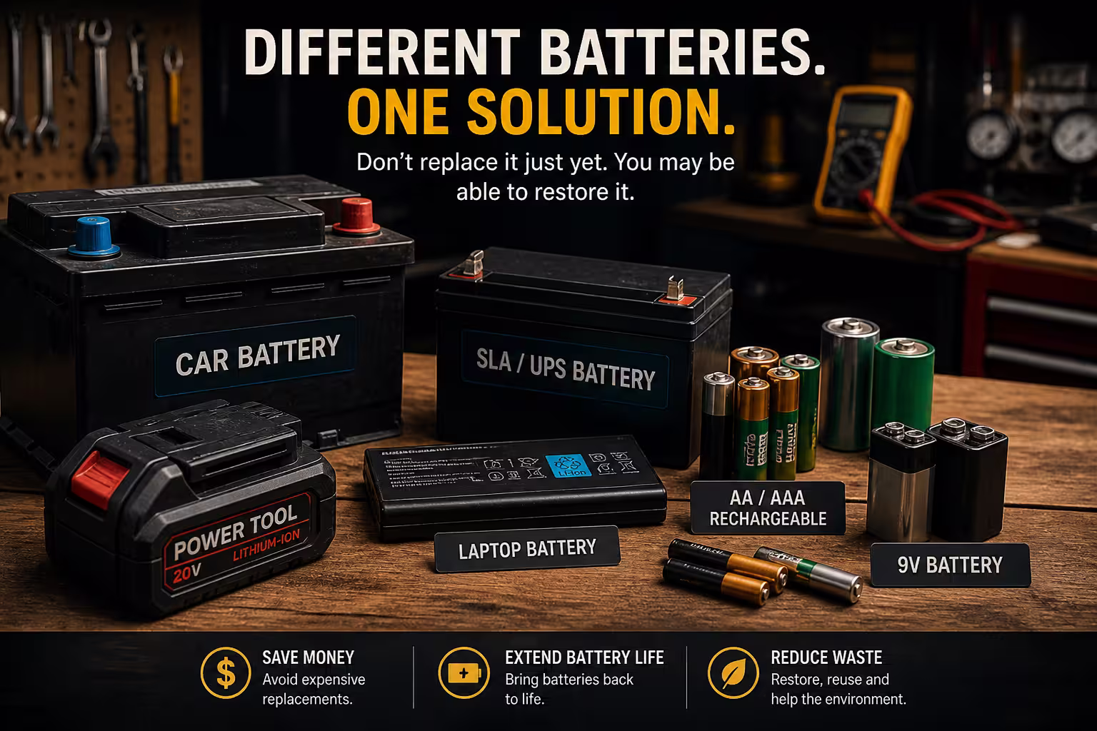 Different types of batteries including car, AA, and tool batteries