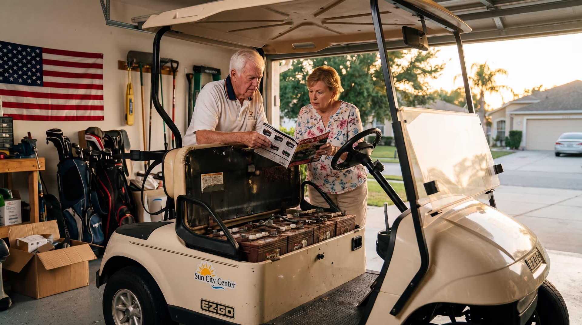 Retired couple inspecting dead golf cart batteries in their Sun City Center Florida garage — EZGO with Trojan 6V deep cycle batteries