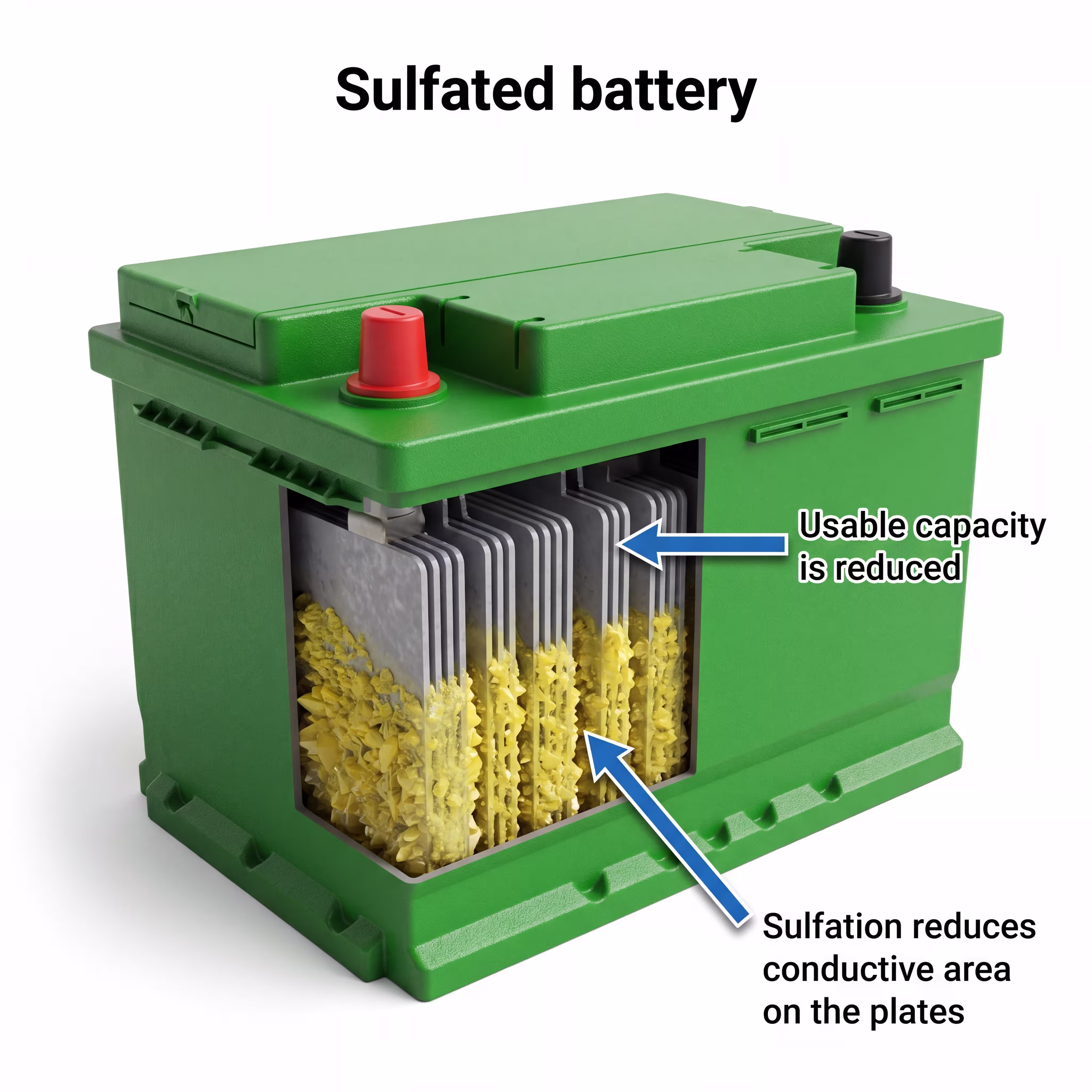 Sulfated battery with lead sulfate crystal buildup on plates