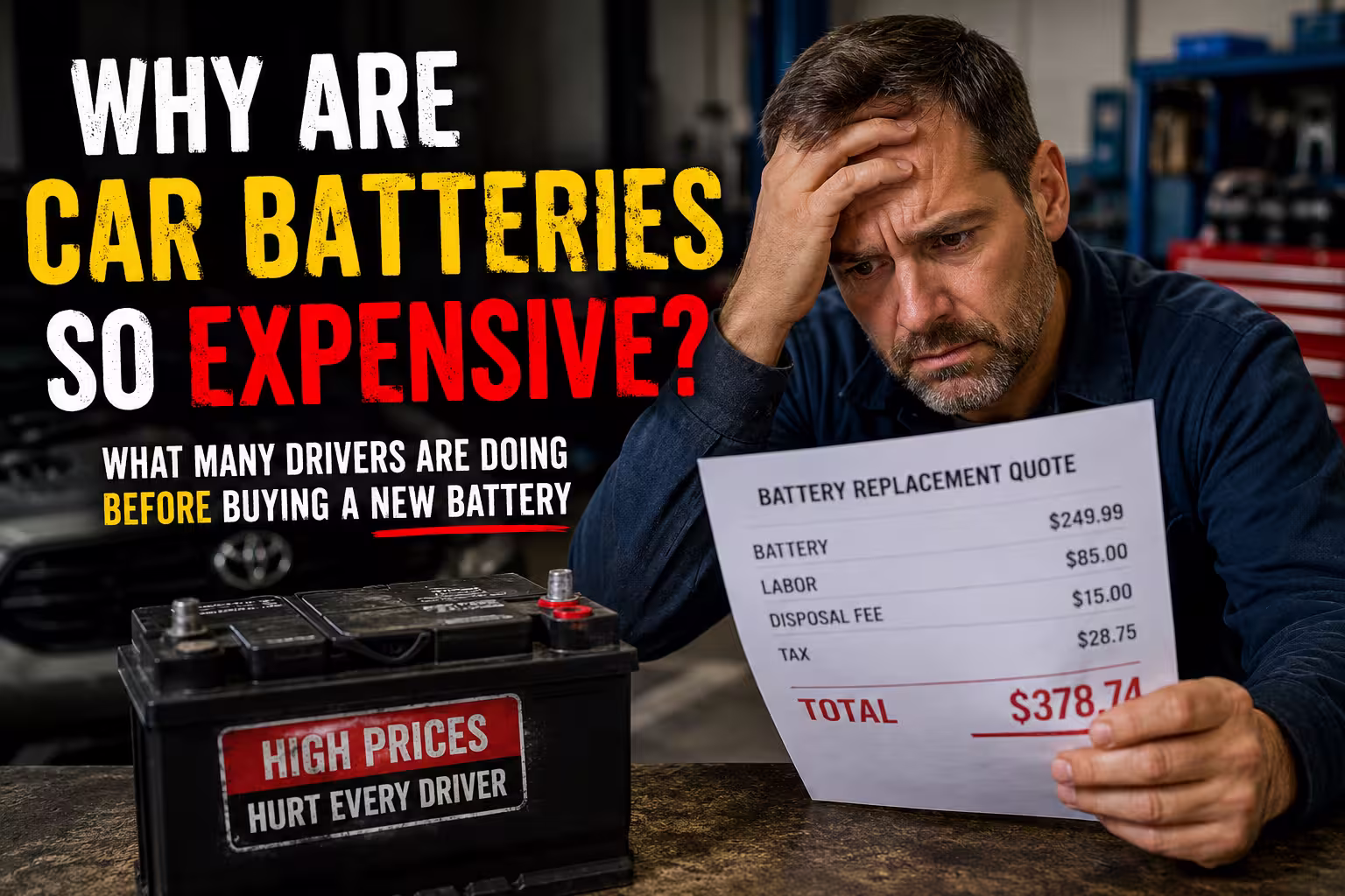 Concerned American driver looking at expensive car battery replacement cost