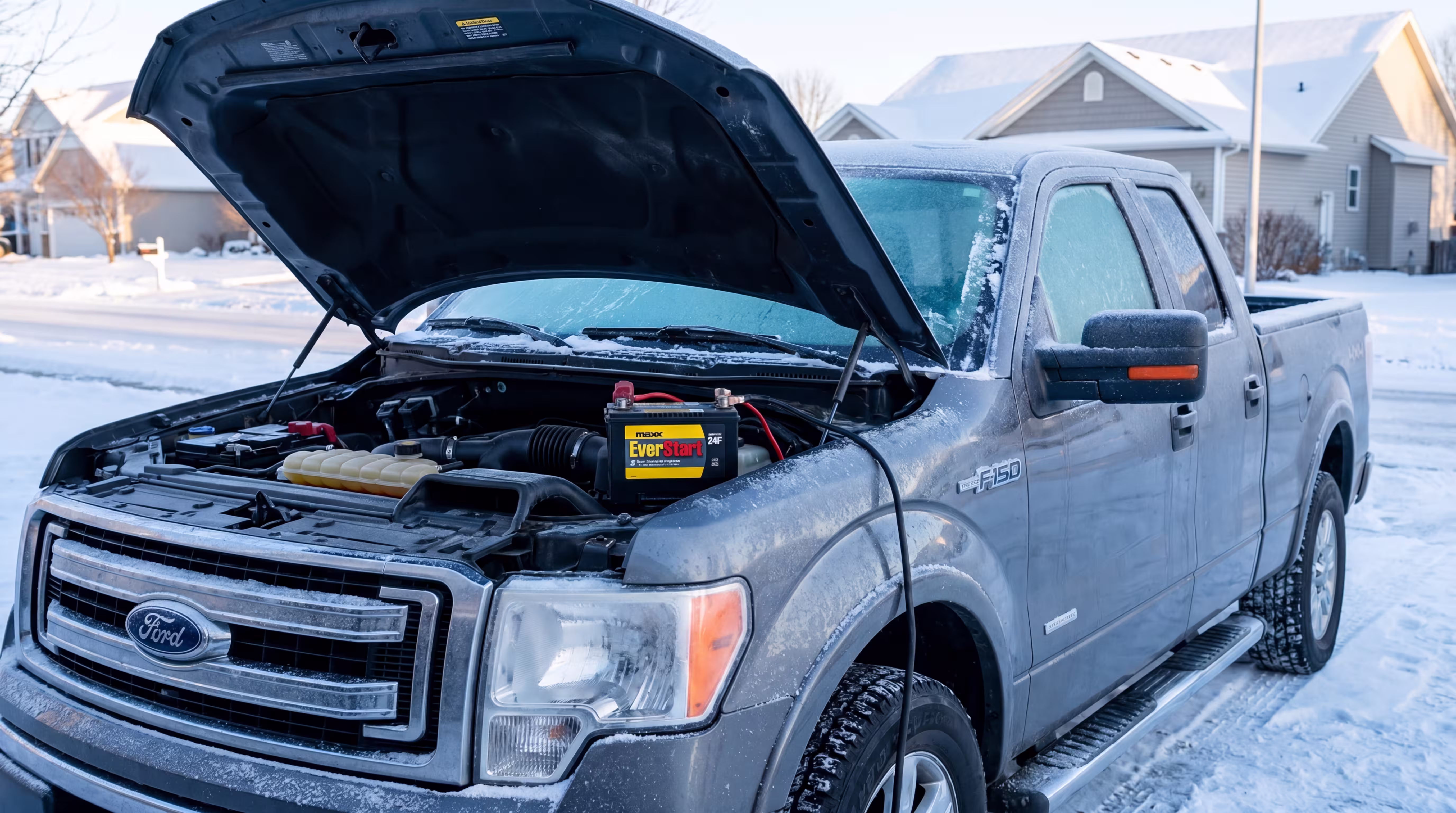 Car battery covered in frost on a freezing winter morning in Minneapolis